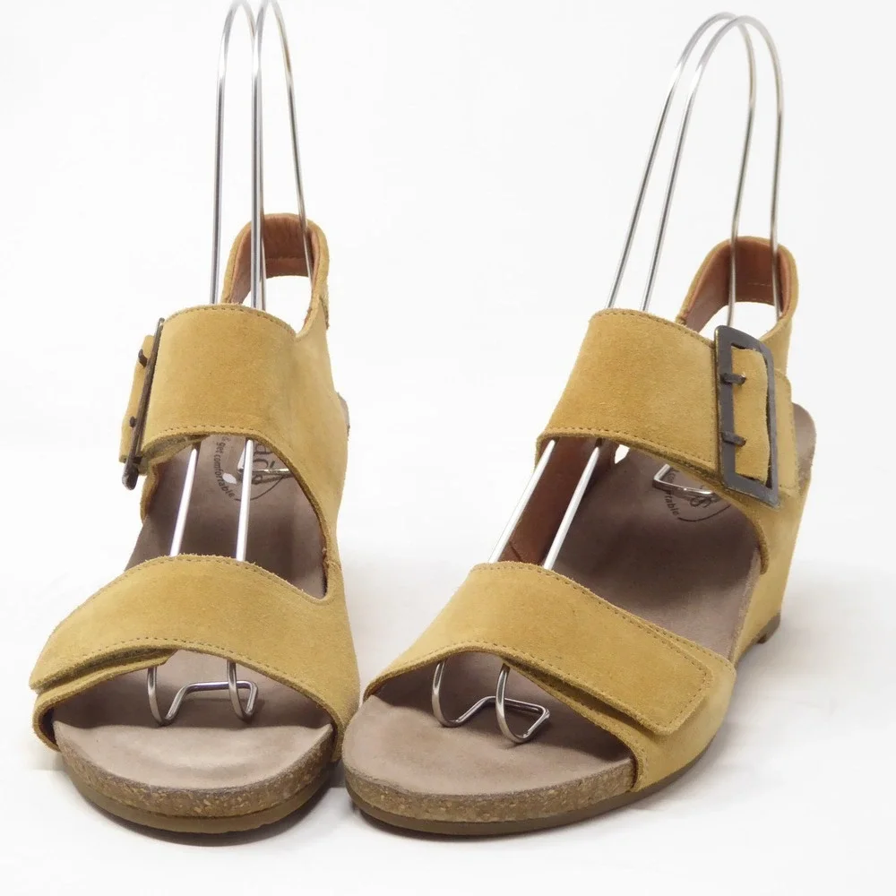 Taos Women High Society Sandals Yellow Suede Wedge Buckle Strap 37 / 6-6.5